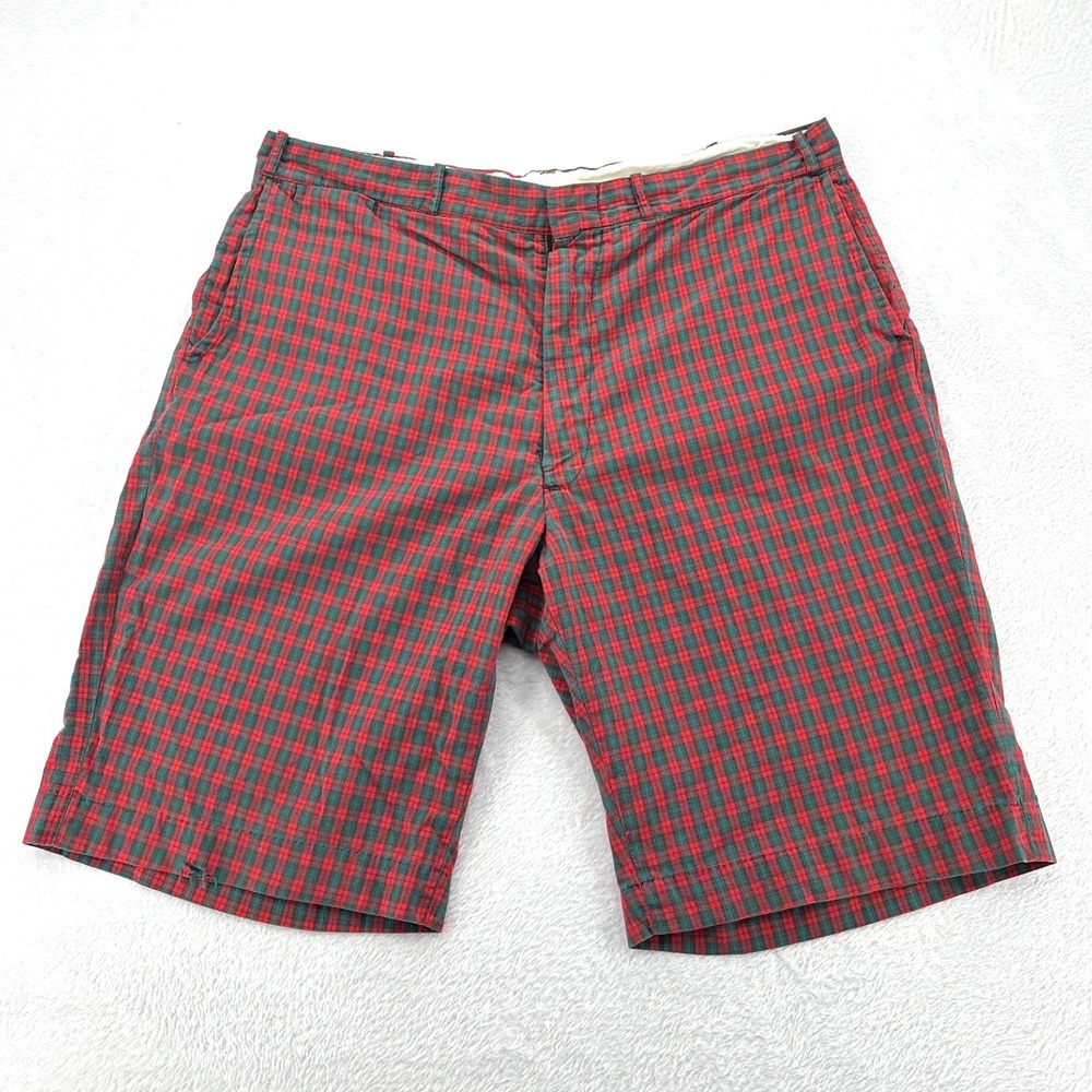 Vintage Red Green Plaid Cinch Back Shorts Men SZ 37 Flat Front Preppy Streetwear